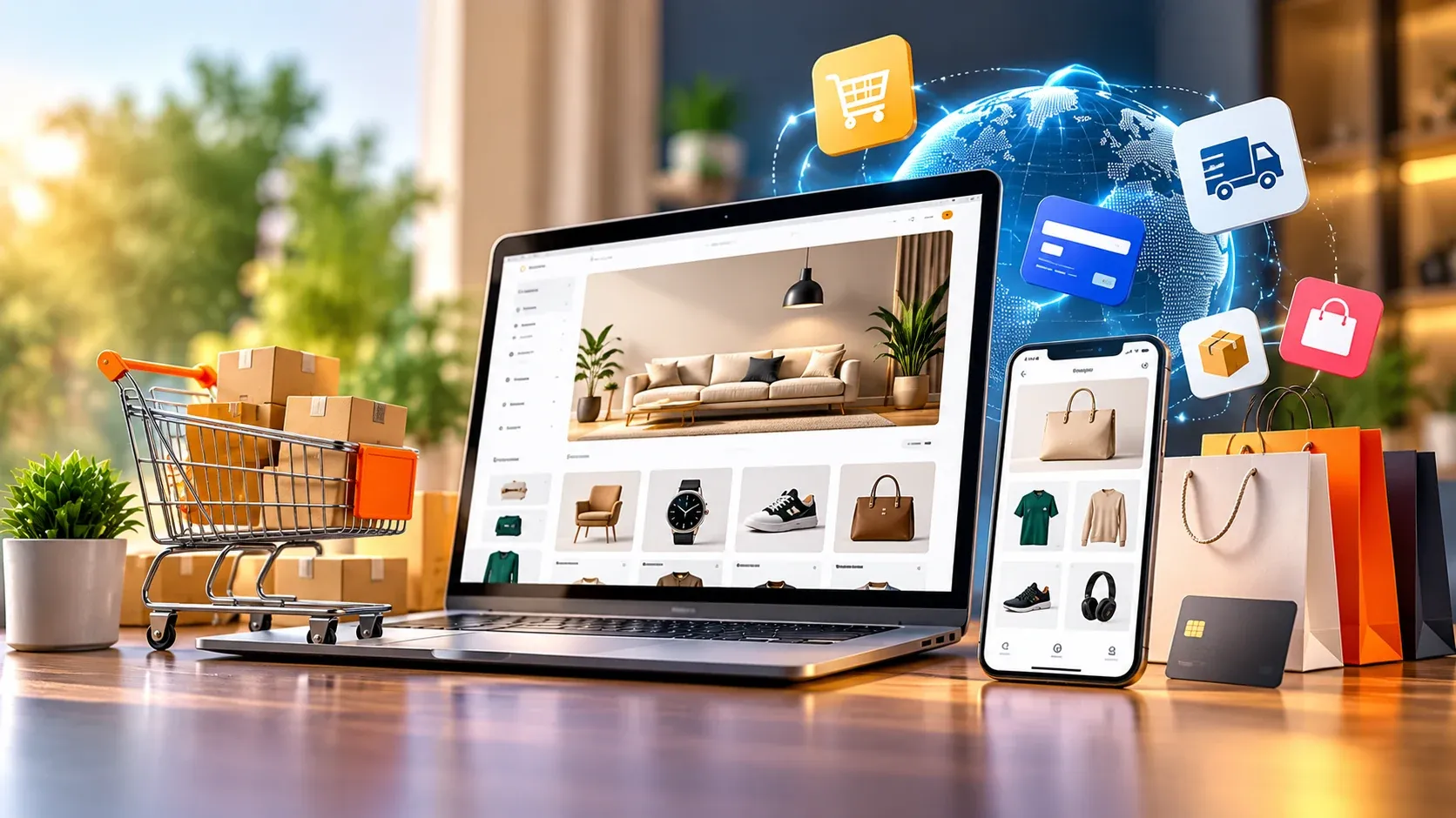 An online store on a laptop and phone, with a shopping cart of parcels, shopping bags, a bank card and icons for cart, payment, delivery and packaging