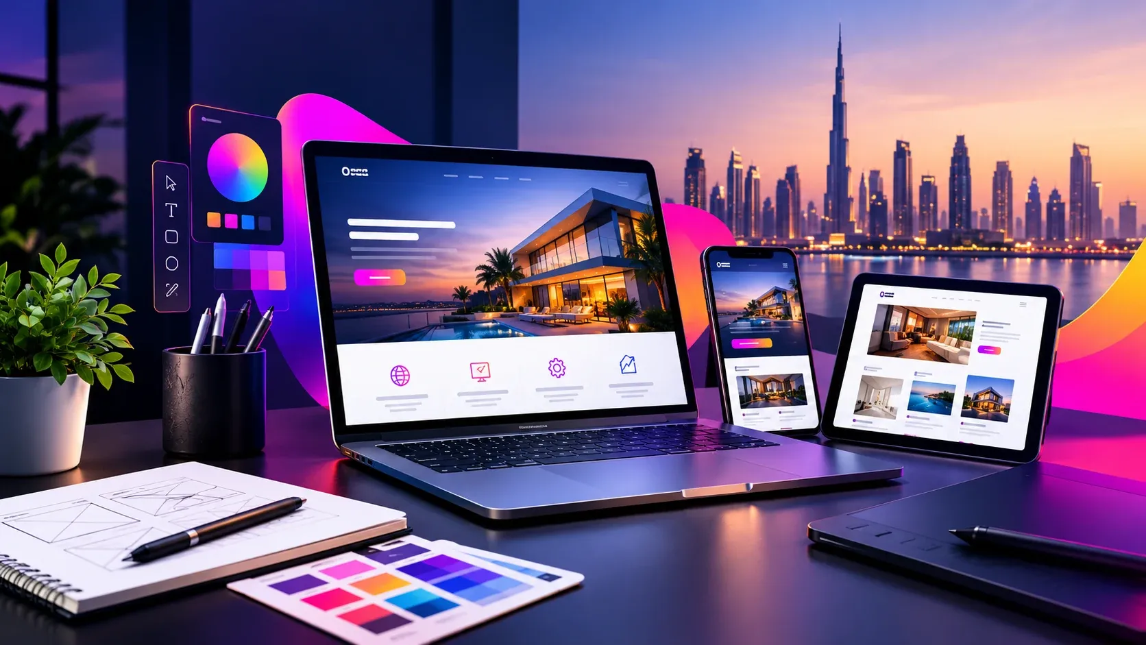 A responsive website design on a laptop, phone and tablet, with wireframe sketches and colour swatches on the desk and the Dubai skyline at dusk behind