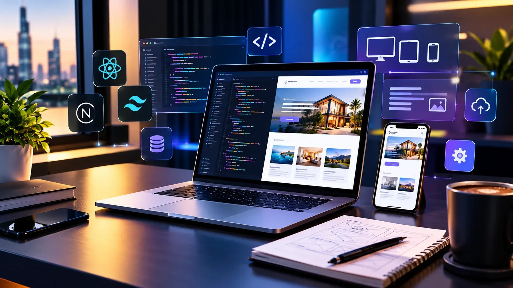 A laptop showing website code beside the finished page, with the same site on a phone and floating icons for frameworks, databases, devices and cloud deployment