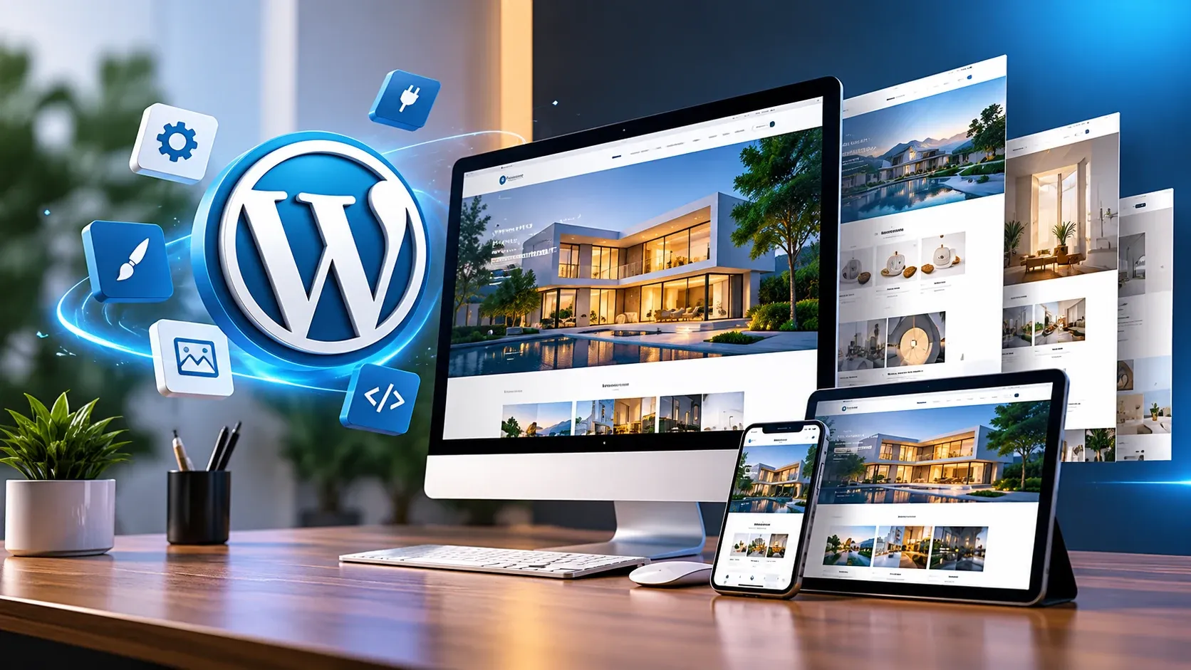 A WordPress website shown on a desktop monitor, tablet and phone, with extra page layouts behind and icons for themes, plugins, media and code around the WordPress logo